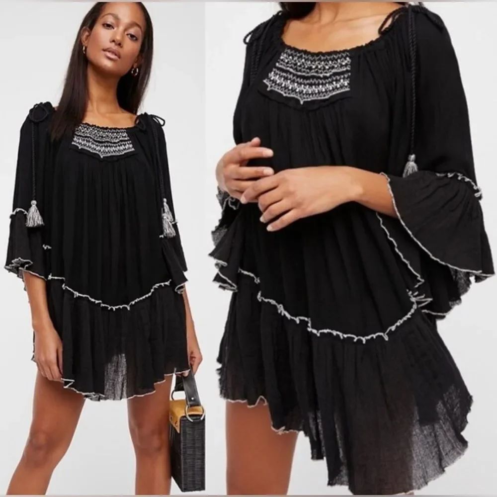Free People Black Santiago Embroidered Floral Cotton Mini Dress Size S